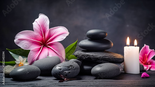 Spa scene with Massage Stones, Hibiscus Flowers, and Candles. Tranquil Well-being Concept, generative AI (ID: 582345594)