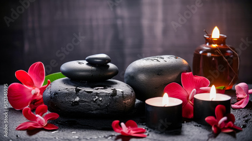 Spa scene with Massage Stones, Hibiscus Flowers, and Candles. Tranquil Well-being Concept, generative AI (ID: 582345595)