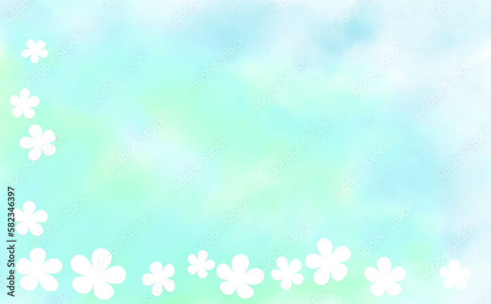 青と緑の白抜き花柄シルエットのL字フレーム・初夏イメージ-ふんわり水彩画テクスチャ イラスト素材 差分有