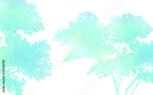 ブルーの木のシルエット・爽やか初夏イメージ-ふんわり水彩画テクスチャ 白背景 イラスト素材 差分有