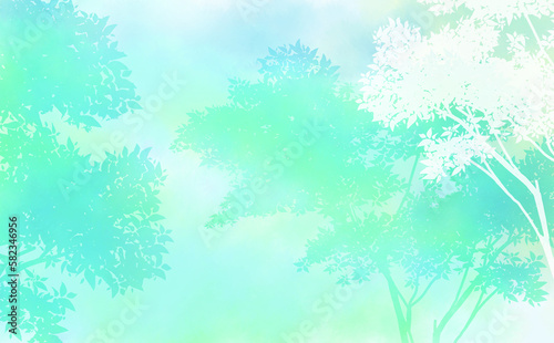 重なる木のシルエット・爽やか初夏イメージ-ふんわり水彩画テクスチャ イラスト素材 差分有