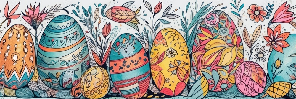 Capture the Spirit of Easter with a Beautiful Easter Eggs Hand Drawn by Kid Banner : A Vibrant and Artistic Design Perfect for Wallpapers, Greeting Cards, and Decorations Generative AI