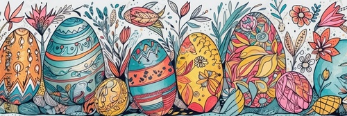 Capture the Spirit of Easter with a Beautiful Easter Eggs Hand Drawn by Kid Banner   A Vibrant and Artistic Design Perfect for Wallpapers  Greeting Cards  and Decorations Generative AI