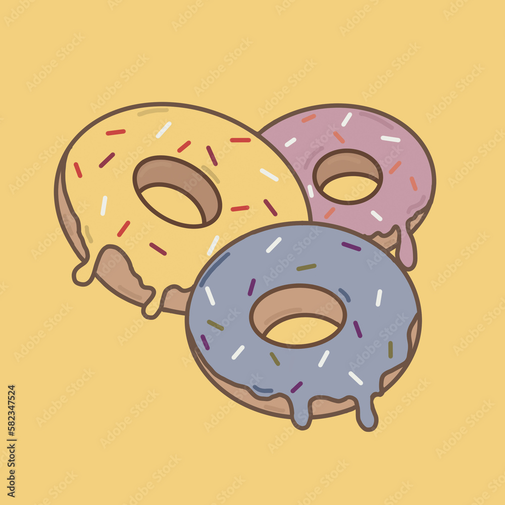 Fototapeta premium Donut icon. Donut desserts with strawberry and chocolate cream icing and sprinkling. Bakery products made of sweet pastries, confectionery and colorful glazed donuts
