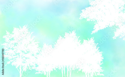 木の白抜きシルエット・ブルー 爽やか初夏イメージ-ふんわり水彩画テクスチャ イラスト素材 差分有