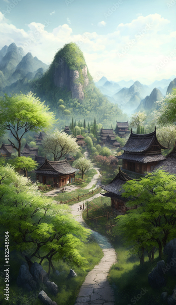 3D rendering of the spring scenery of Miao Ridge. generative ai.