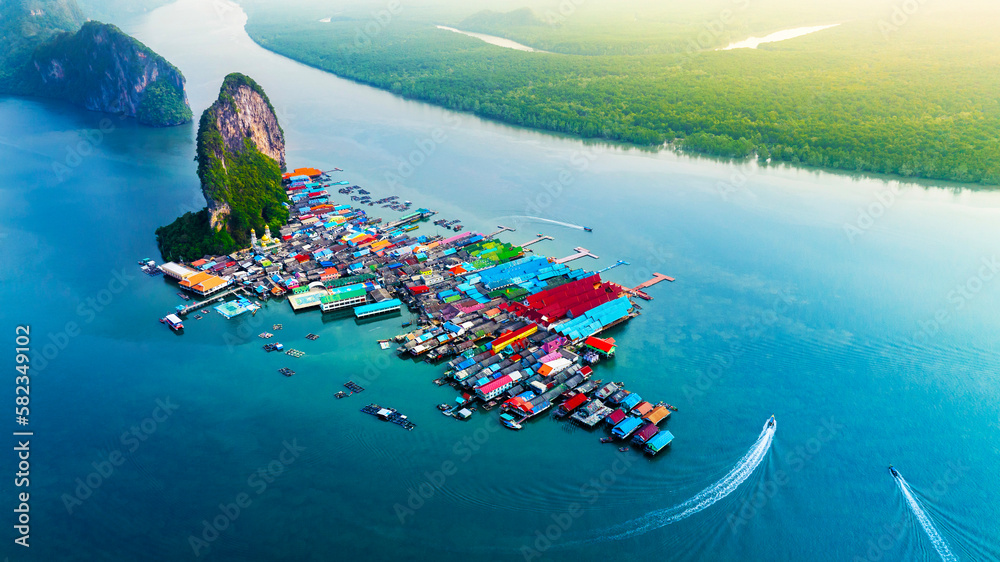 A bird's eye view of Koh Panyee, a fishing village located in the middle of the beautiful sea of ​​Thailand.