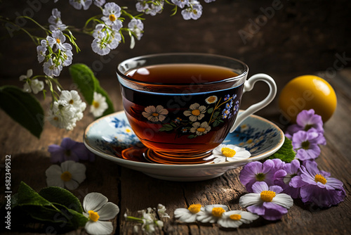 Beautiful Cup Of Tea On Wooden Table With Spring Flowers, Spring Season, Generative Ai