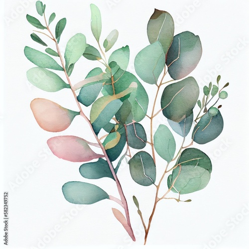 Watercolor twigs and leaves on white background