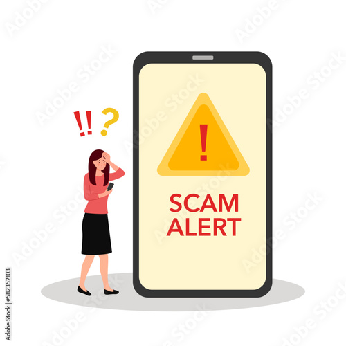Frightening woman with scam alert on mobile phone screen in flat design on white background.