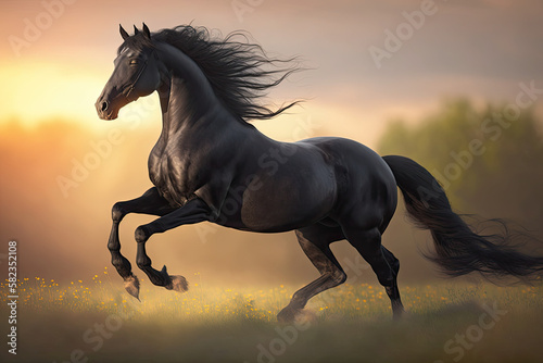 a black horse is galloping on its hind legs with its tail spread out and it s tail spread out  generative AI