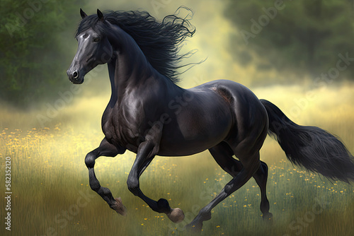 a black horse is galloping on its hind legs with its tail spread out and it s tail spread out  generative AI