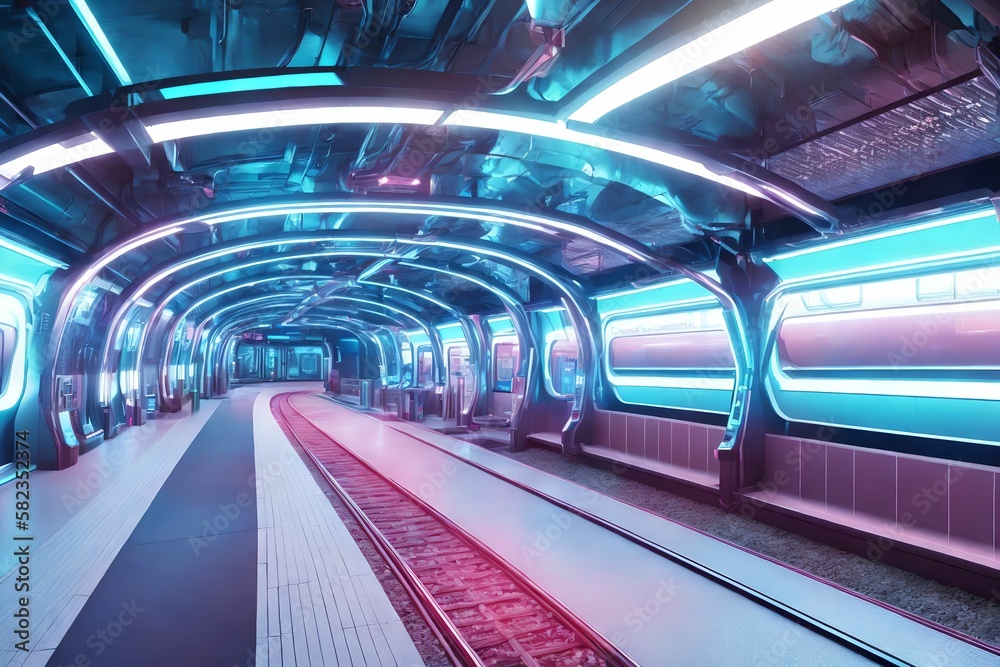 Obraz premium futuristic tunnel hi speed train railway with neon light, generative art by A.I