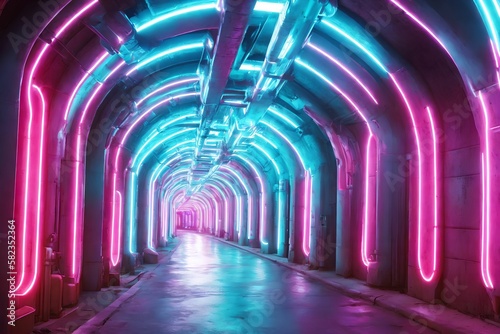 futuristic tunnel gate hallway with neon light, generative art by A.I
