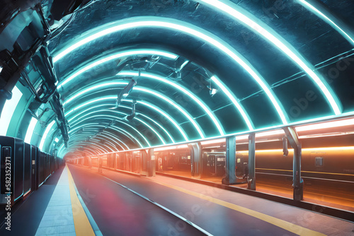 futuristic tunnel hi speed train railway with neon light  generative art by A.I