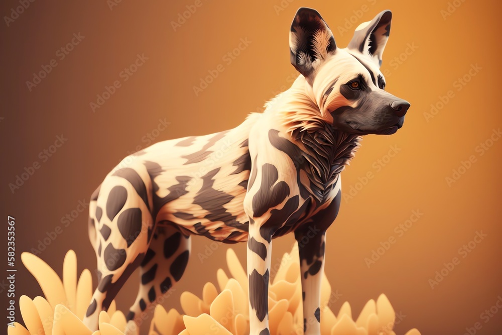 3D African wild dog Avatar with Exquisite Detailing and Soft Pastel Coloring in Cartoon Style - obrazy, fototapety, plakaty 
