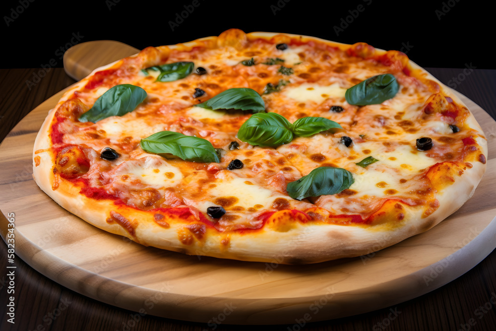Pizza: A popular Italian dish consisting of a flattened bread dough topped with tomato sauce, cheese, and various toppings. Generative Ai