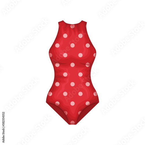 Swimsuit. Women s closed swimsuit in red with white polka dots. Bathing suit for a beach holiday. Summer clothes. Vector illustration isolated on a white background