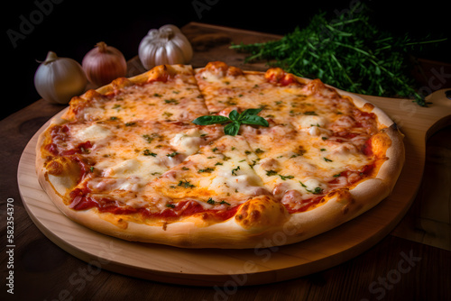 Pizza: A popular Italian dish consisting of a flattened bread dough topped with tomato sauce, cheese, and various toppings. Generative Ai