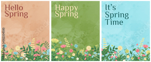 WELCOME SPRING, grass and flowers, Easter greeting card element, Park decoration background with spring grass and meadow flowers for spring sale, banner, poster, cover, templates, social media, feed