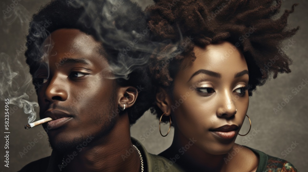 Cannabis 420 Culture: A Beautiful Artistic Designer Portrait of Diverse African American Black Men and Women Bonding Over Weed Marijuana - Friends Enjoying a Smoke Together Generative AI