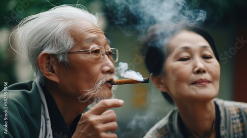 A Beautiful Artistic Designer Portrait of Cannabis 420 Culture: Asian Elderly Men and Women Adventuring Happily while Smoking Weed Marijuana, Beautiful Artistic Portrait Generative AI