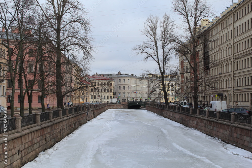 Embankment of the Moyka River frozen in Saint Petersburg, Russia