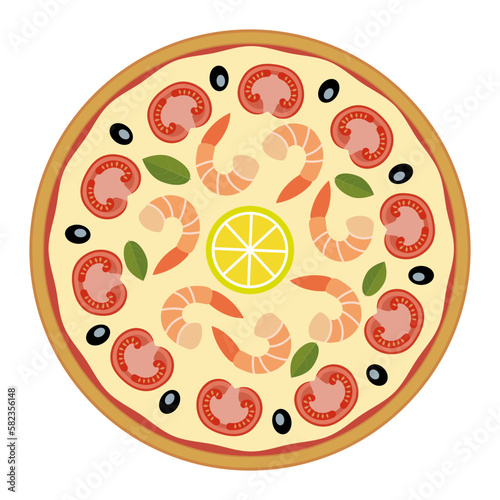 Vector drawing of pizza - top view. Seafood pizza - shrimp, cheese, tomatoes, olives, salad.