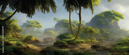 African rainforest. African jungle rainforest panorama with tropical vegetation, exotic fantasy landscape banner vector illustration. african savannah