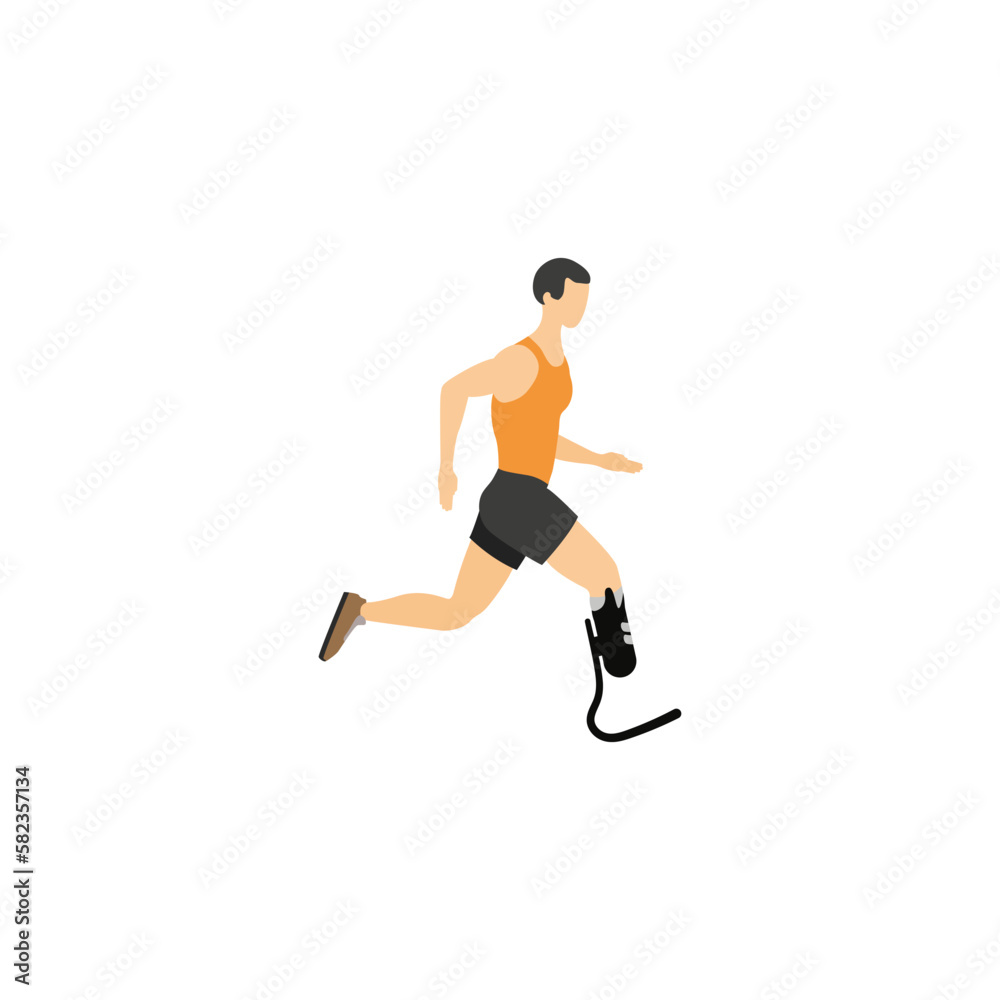 Man running vector isolated. Athlete with prosthetic leg. Male person takes part in running competition.