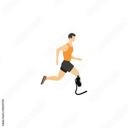 Man running vector isolated. Athlete with prosthetic leg. Male person takes part in running competition.