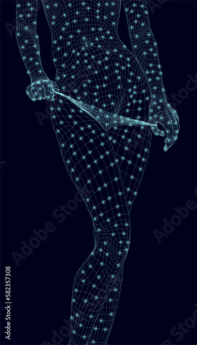 Wireframe of a slender waist of a girl from blue lines isolated on a dark background with glowing lights. The girl's hands are pulling off her panties. 3D. Vector illustration photo