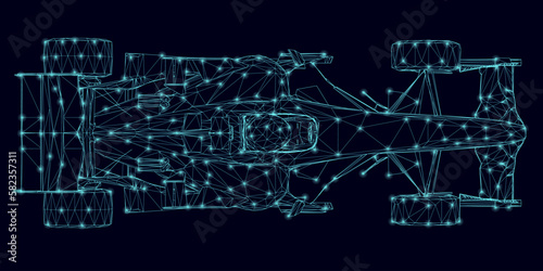 Racing car wireframe made of blue lines isolated on a dark background with glowing lights. View from above. 3D. Vector illustration