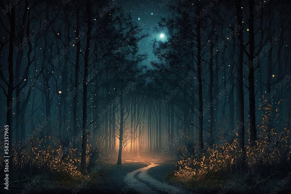Fototapeta premium Midnight Forest, Spring Season, Generative Ai