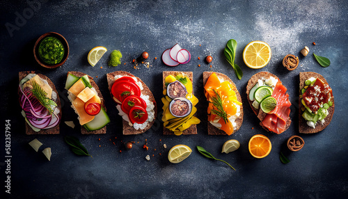 Top view on open sandwiches with meat, vegetables, and seafood on a plate on a stone background. Generated by AI