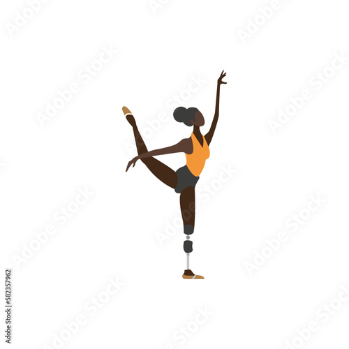 Girl afro american gymnast athlete dancer performs an acrobatic exercise. The woman is disabled with a mechanical prosthesis.