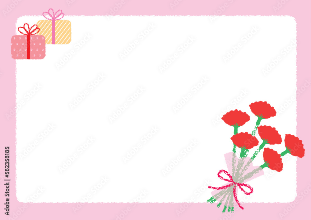 Obraz premium 手描き風、母の日のフレーム横(カーネーションとプレゼント)