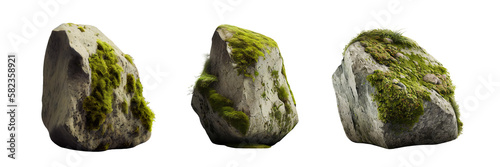Beautiful natural rock with moss, transparent background, can be used for natural garden yard decoration, generative ai. 