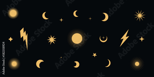 Flat vector hippy boho illustration. Hand drawn retro groovy celestial set elements, sun, stars, lightnings © stasylionet