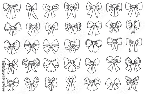 Cute freehand bow doodle, Black outline girl hair accessories and bow tie sketch, Hand drawn fashion elements and Holiday dressing items, Beauty, gift and birthday decorative ribbons