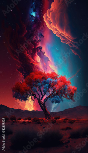 Golden hour sunset with spectacular imposing clouds, solitary and isolated lone tree with red leaves, otherwordly panoramic vast open landscape, bright vivid colors - Generative AI. 