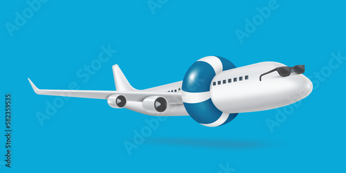 Wear a blue-and-white lifebuoy on the body of the plane,vector3d isolated on blue background for summer season concept design