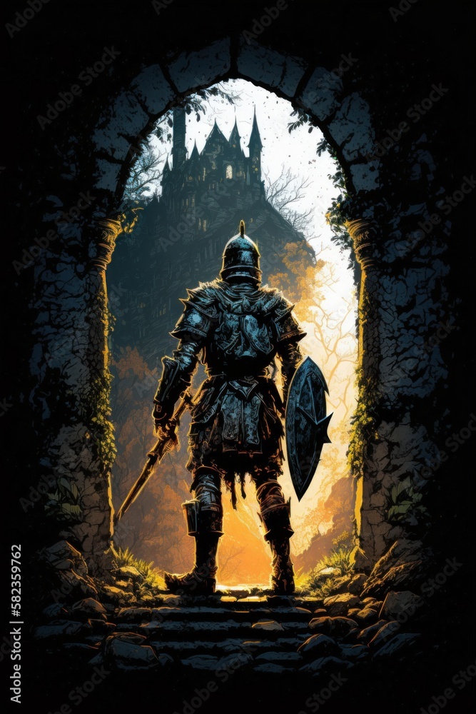 a knight on a full plate armor inside a castle dungeon