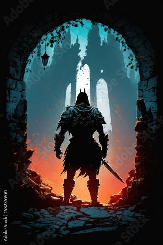 a knight on a full plate armor inside a castle dungeon