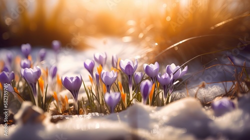 Spring's Awakening: A Symphony of Crocus Blossoms Emerging from Melting Snow, Basking in the Warm Embrace of Defocused Sunlight photo