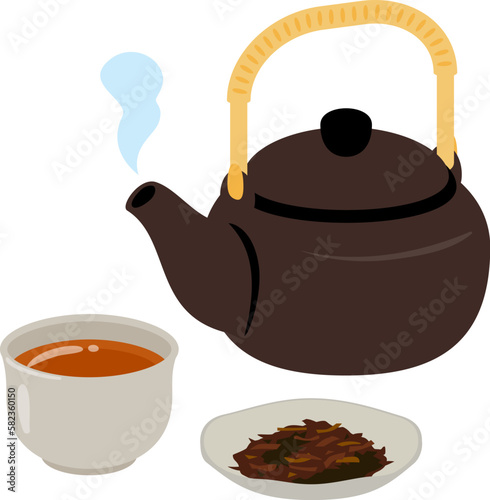 土瓶と湯呑と茶葉