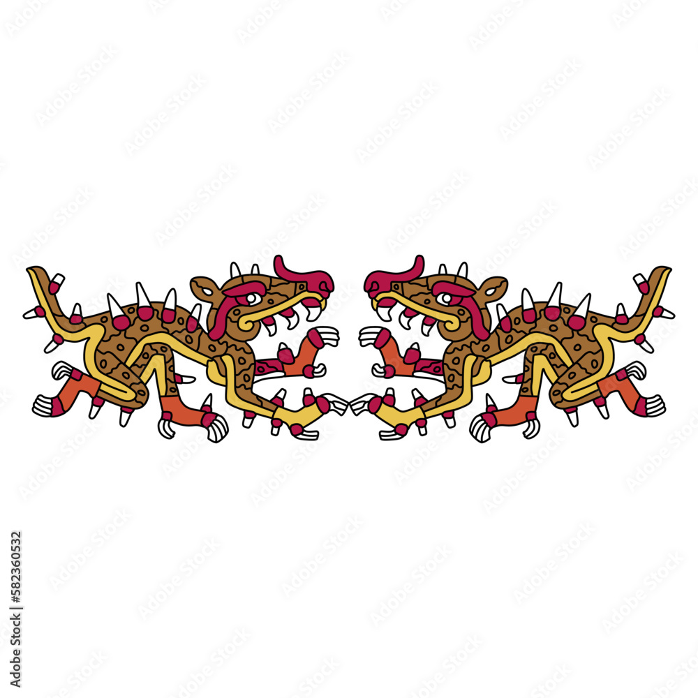 Symmetrical animal design with two fantastic monsters. Cipactli. Native American design of Aztec Indians from Mexican codex. Isolated vector illustration.