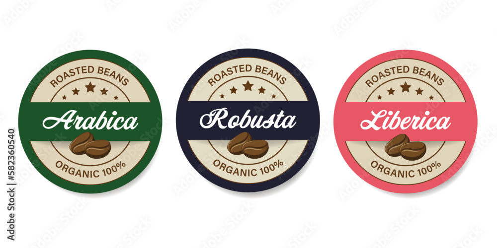Arabica, Robusta, Liberica coffee beans banner label design template. Hand written lettering. Vintage label  retro style.