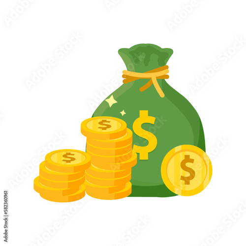 pile medal dollar and money bag isolated on white background, money bag and dollar coin gold icon, , dollar money sack green flat illustration
