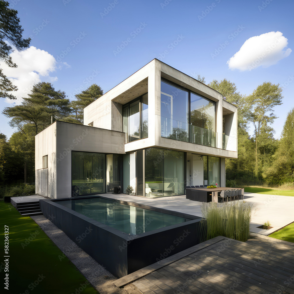 Concrete and glass. Ultra-modern minimalistic style house design. Generative AI